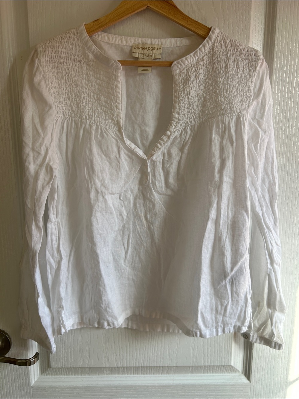 Cynthia Rowley White Smocked Yoke Long Sleeve Blouse